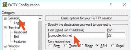 Putty Einstellung Host Name: compute.idnt.net