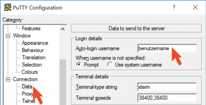 Putty Einstellung Benutzername